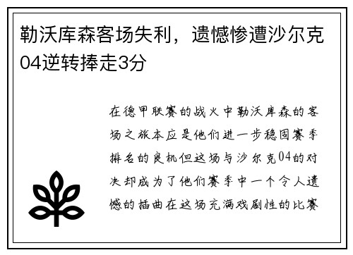 勒沃库森客场失利，遗憾惨遭沙尔克04逆转捧走3分